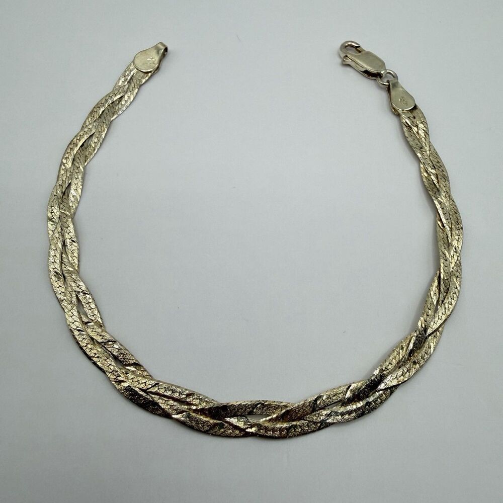 925 Sterling Silver Gold Tone Braided Herringbone Bracelet 7.5" 4.7g
